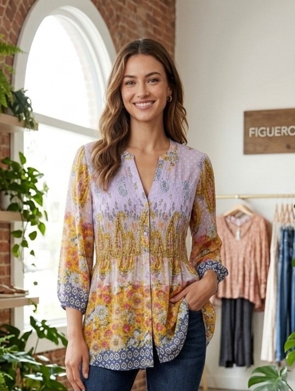 Figueroa & Flower Button Front Semi Sheer Top